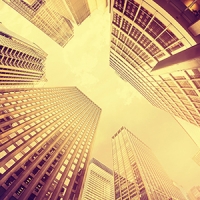 Fisheye lens vintage toned photo of skyscrapers in Manhattan at